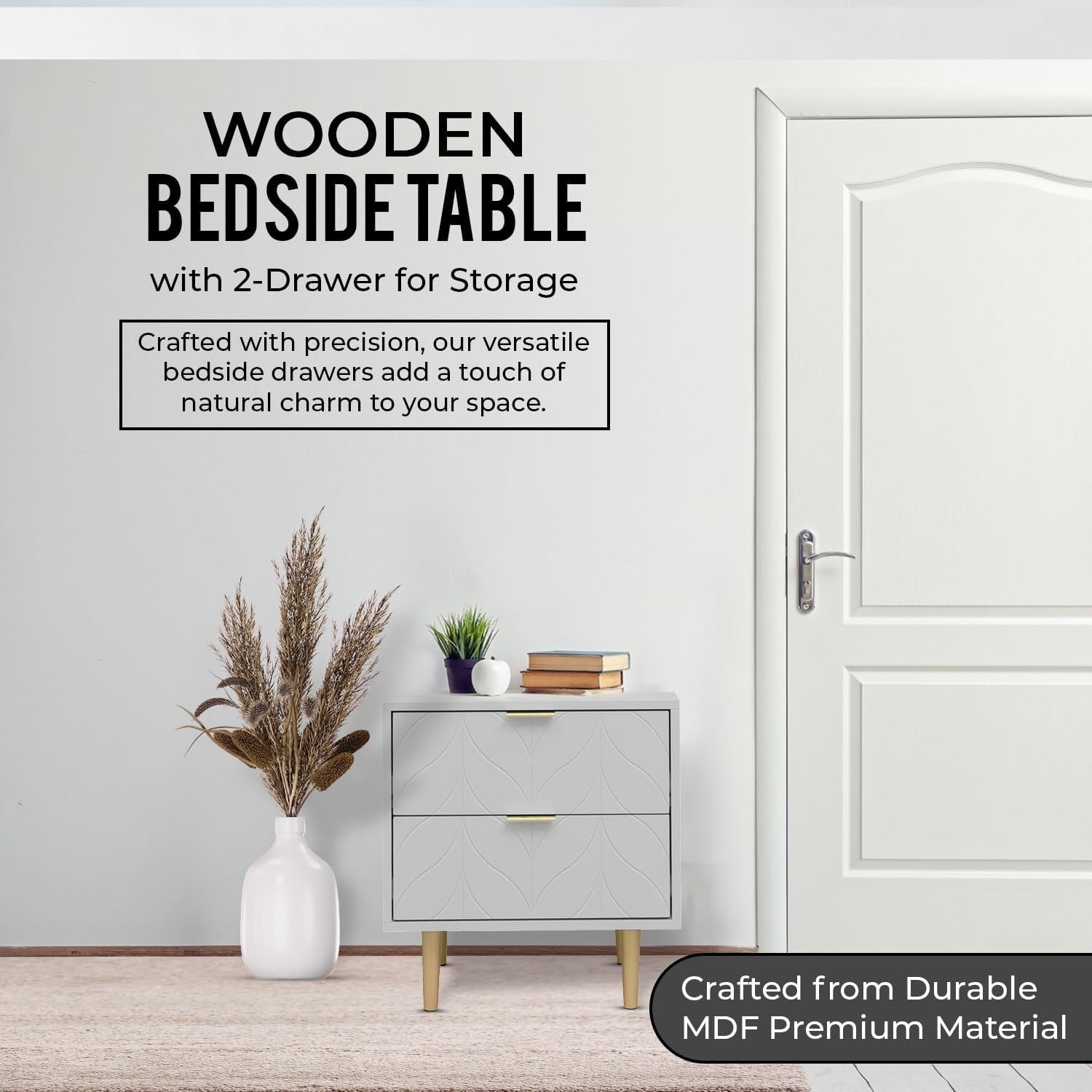 Modern Grey Bedside Table with Bronze Handles | 2 Drawer Nightstand