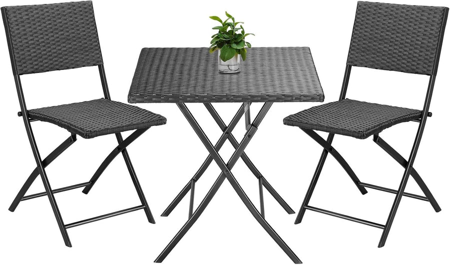Folding Rattan Bistro Set 3 Piece Weatherproof Patio Balcony Table Chairs