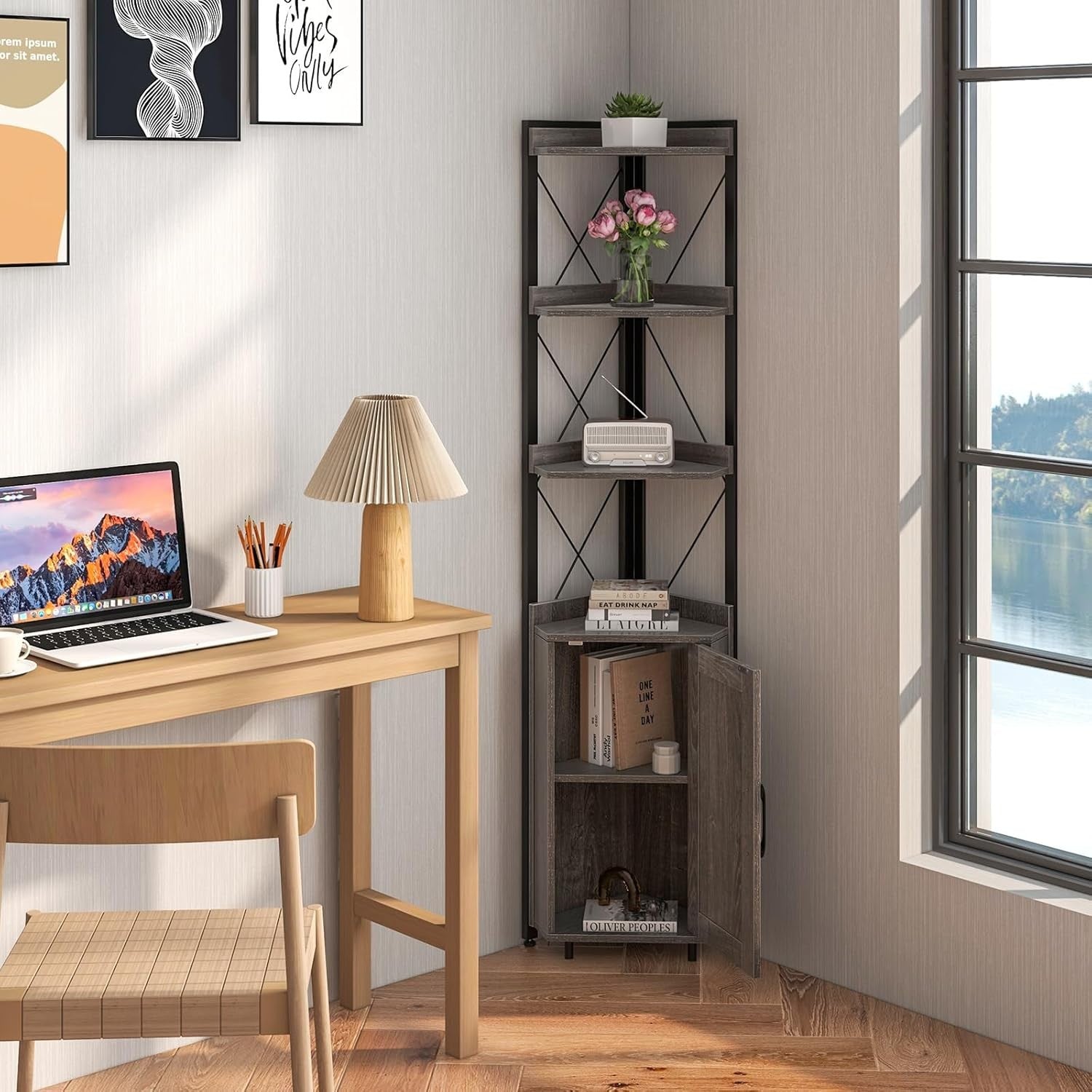 Grey 6-Tier Corner Bookcase Tall Freestanding Storage Shelf with Cabinet