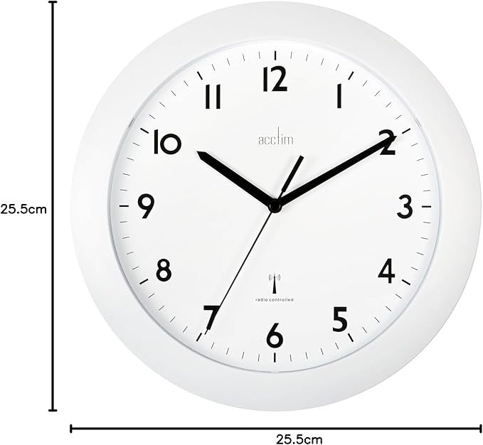 Radio Controlled Wall Clock 25cm Silent Accurate Time White Modern Decor