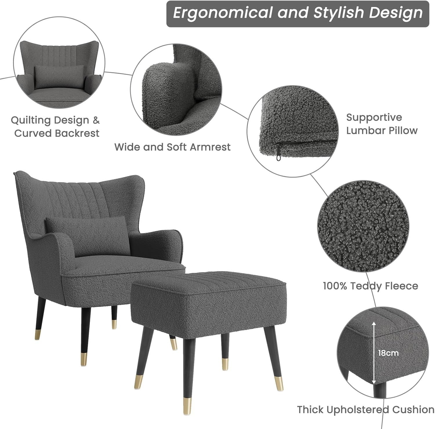 Modern Wingback Armchair w/ Ottoman Footstool, Teddy Fleece Lounge
