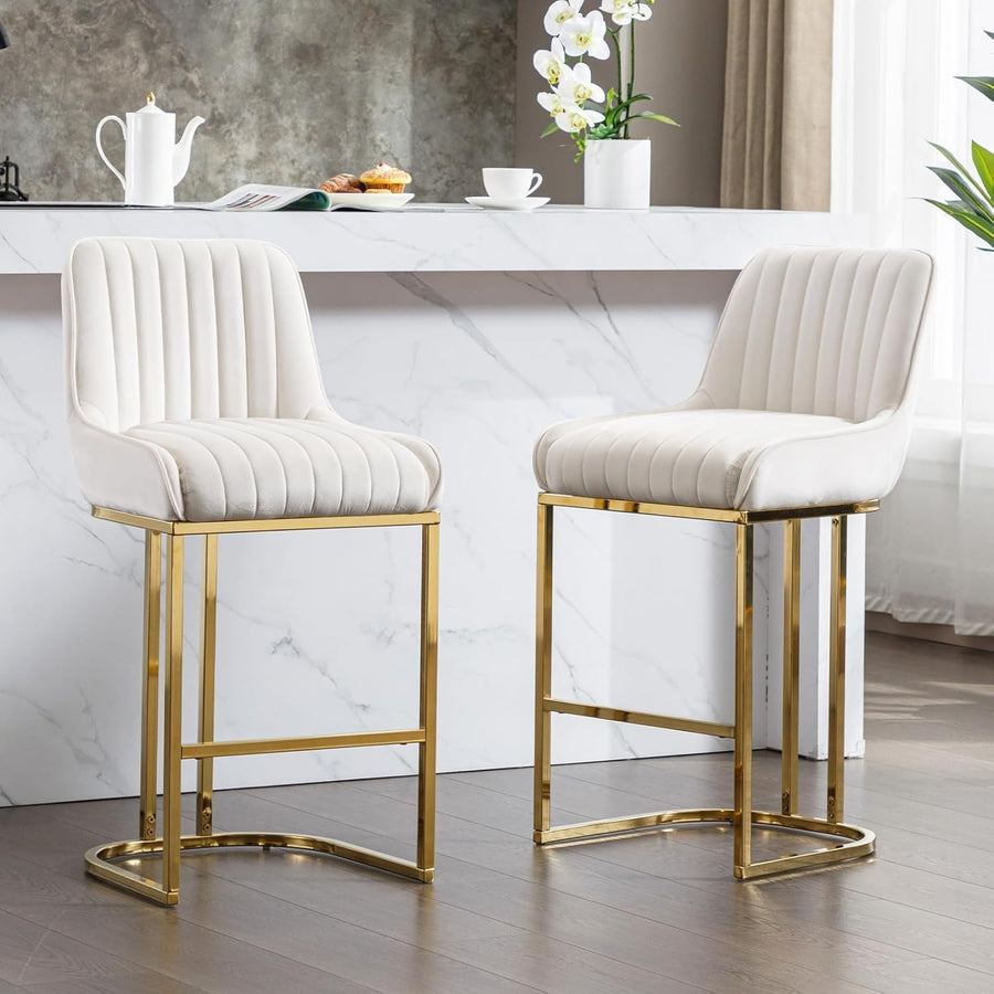 Bar Stools Set of 2 | White Fabric L-Shaped Counter Dining Chairs