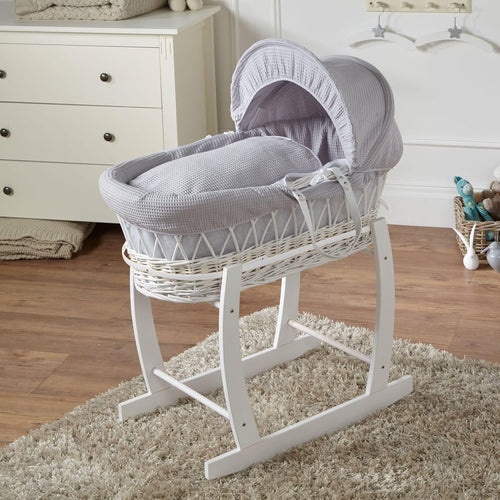 Grey Wicker Moses Basket with Rocking Stand & Mattress Baby Bed Crib Sleeper