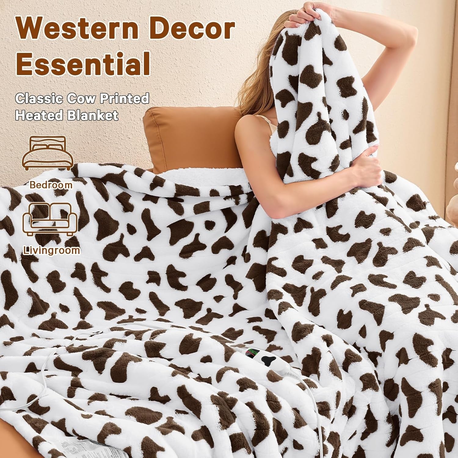 Electric Heated Throw Blanket Cow Print Sherpa 10 Heat Auto Off Washable