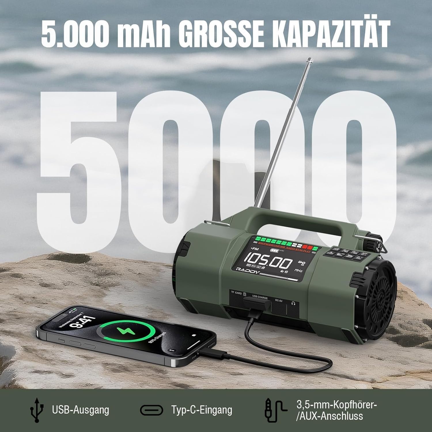 Emergency Radio with APP Control, Hand Crank, Solar, AM/FM/SW/VHF