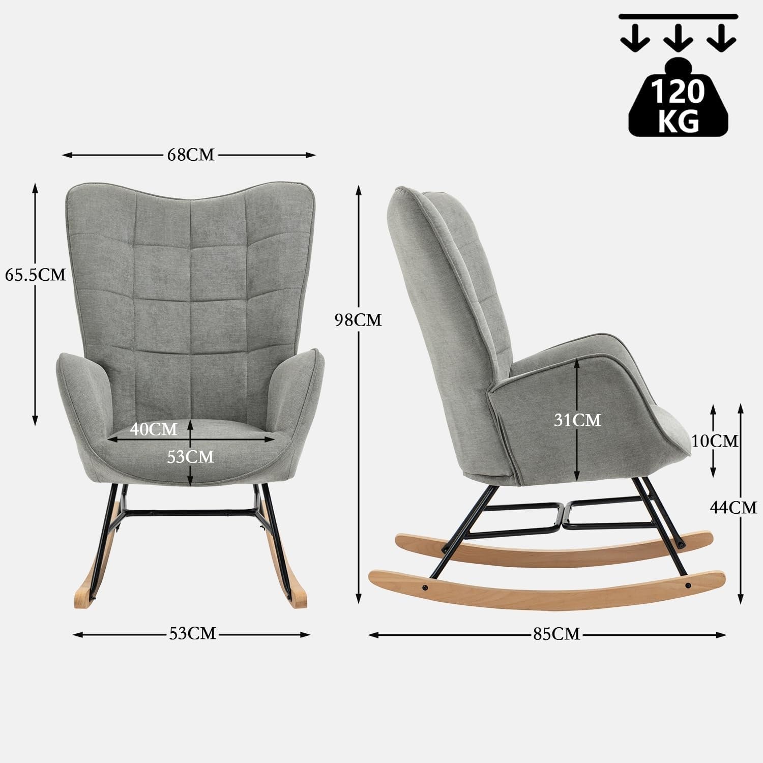 Grey Rocking Chair for Nursery w/ High Back, Fabric Seat & Wood Base