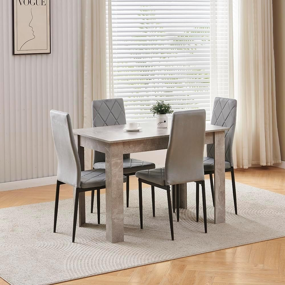 Grey Dining Table Set 4 Velvet Chairs Space-Saving Kitchen Compact