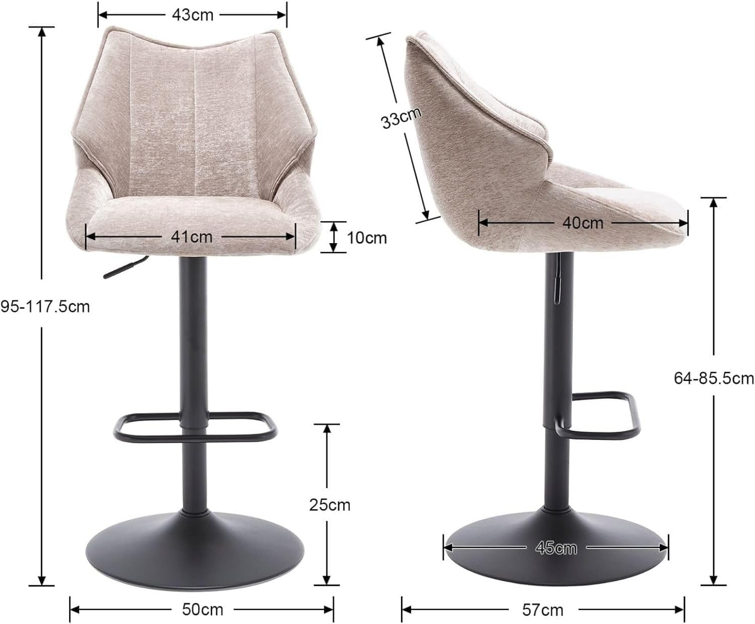 Oatmeal Chenille Bar Stool Set of 2 Adjustable Swivel Kitchen Counter Chairs
