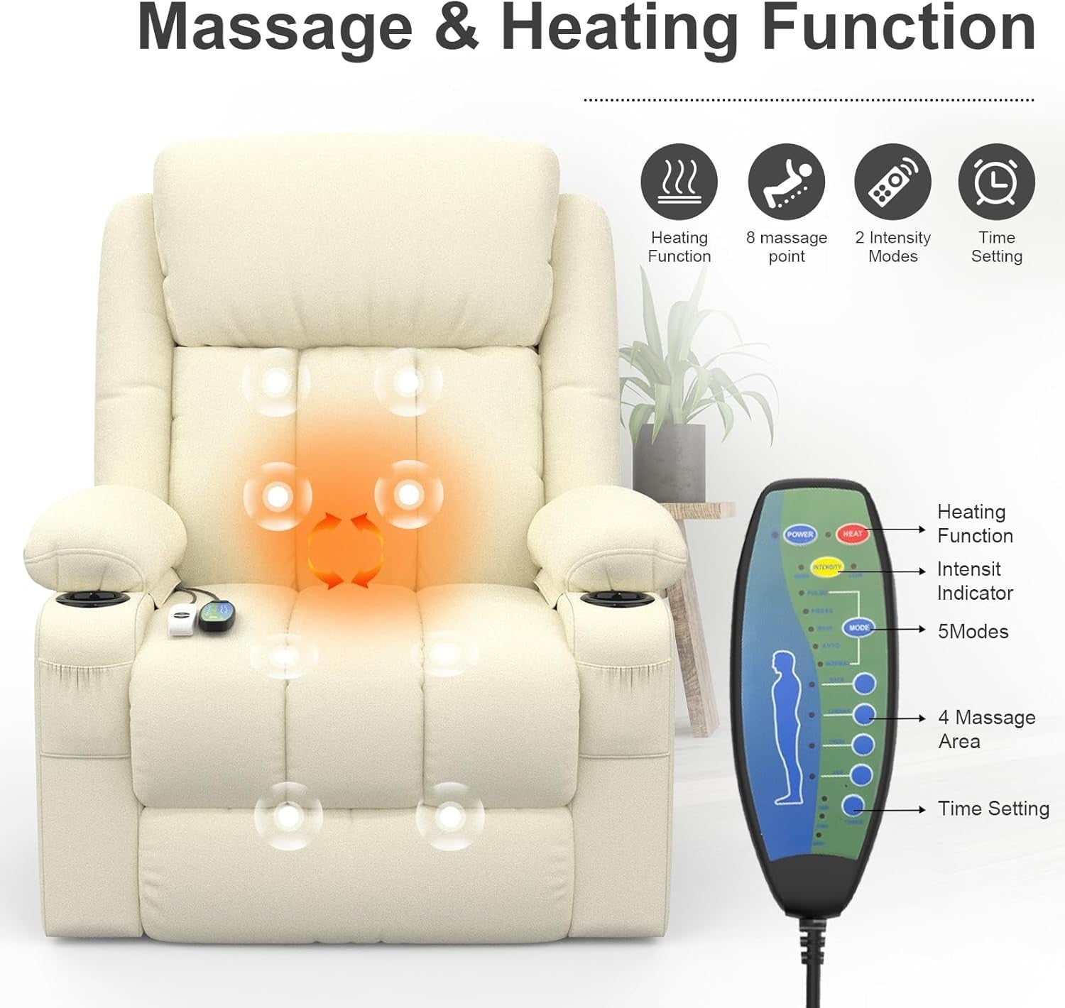 Power Lift Recliner Chair Massage Heat USB Ports Cup Holders Faux Leather Beige