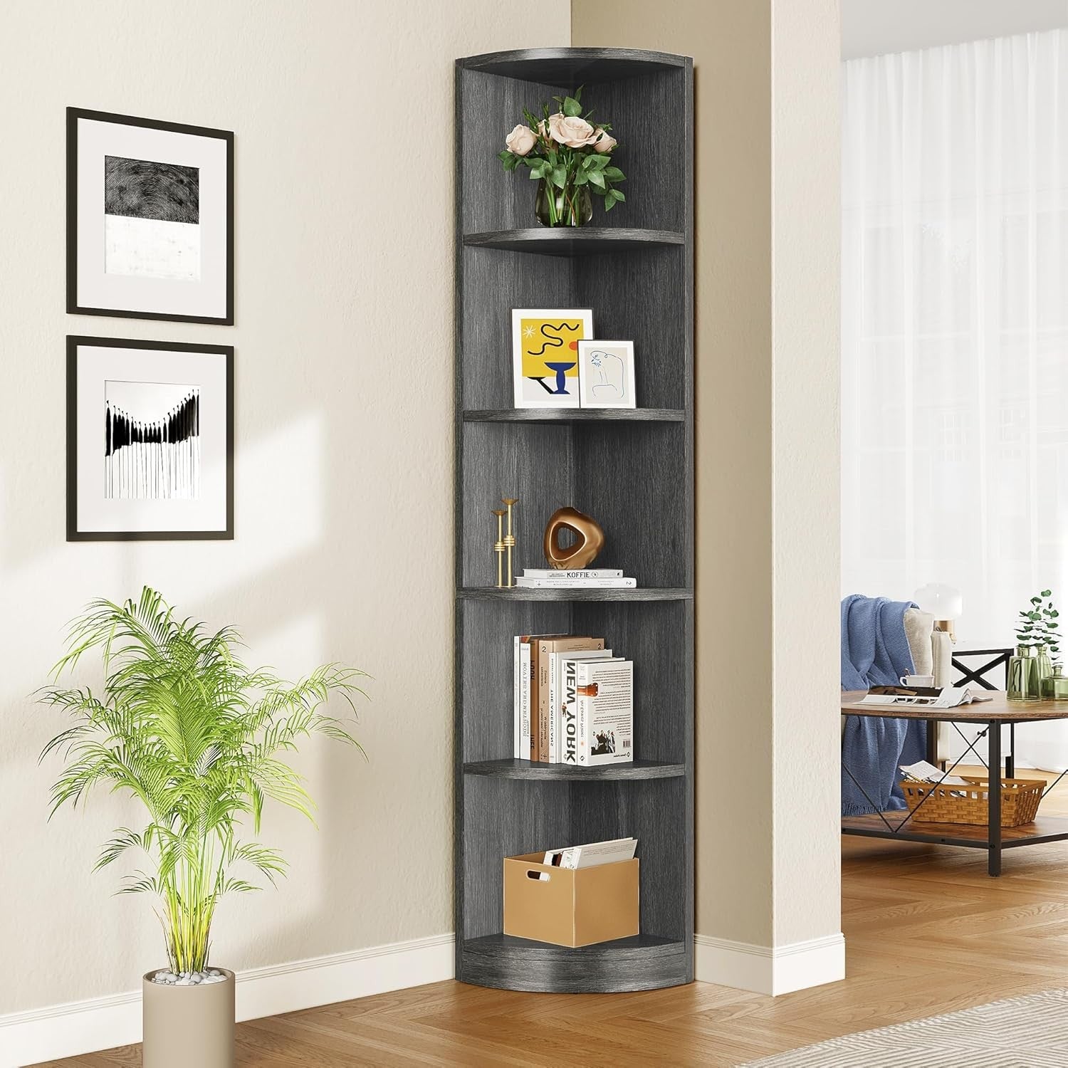 Tall Corner Shelf 5 Tier Modern Bookcase Space Saving Display Rack for Living Ro