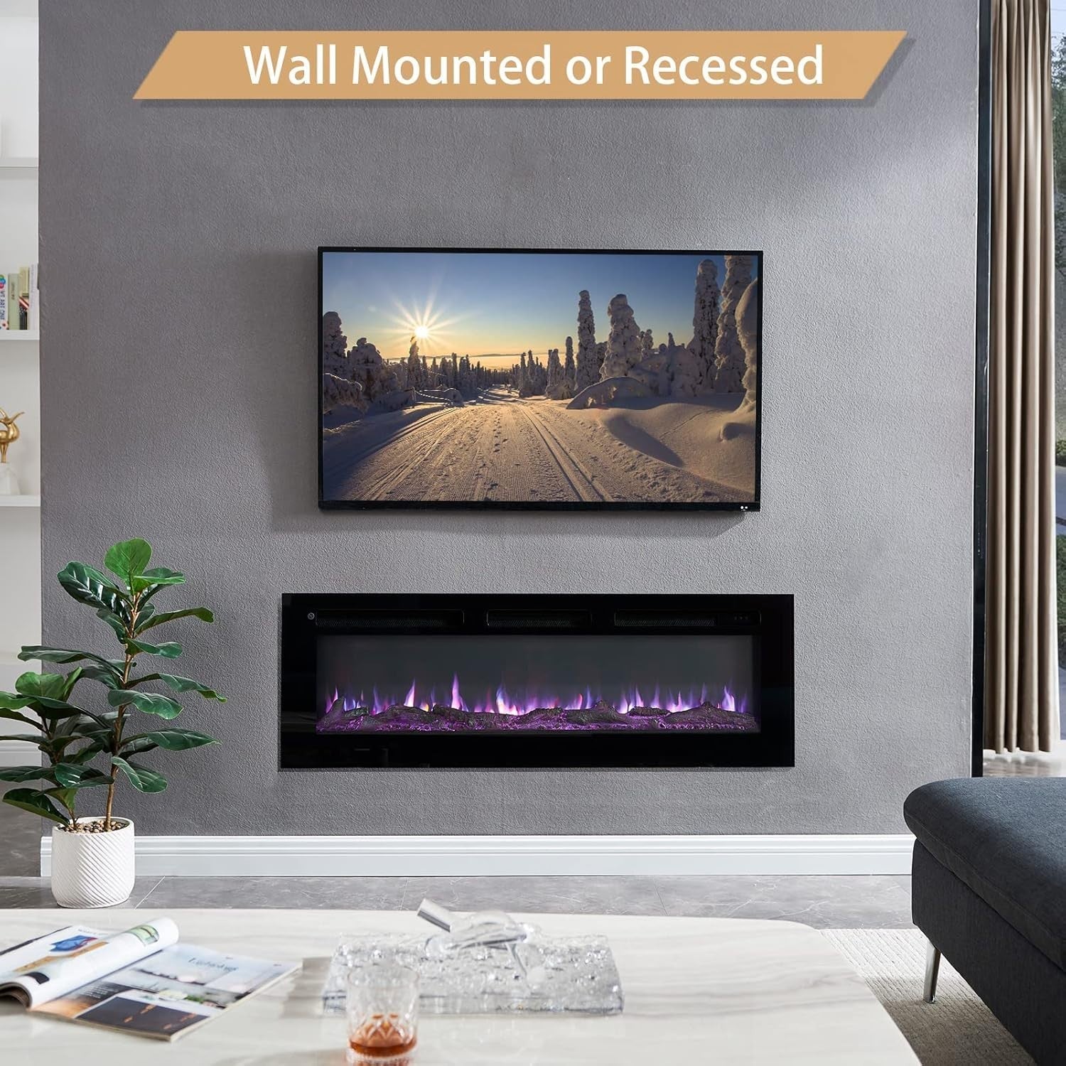 50" Wall Mounted Electric Fireplace Heater 9 Flame LED Remote 1800W