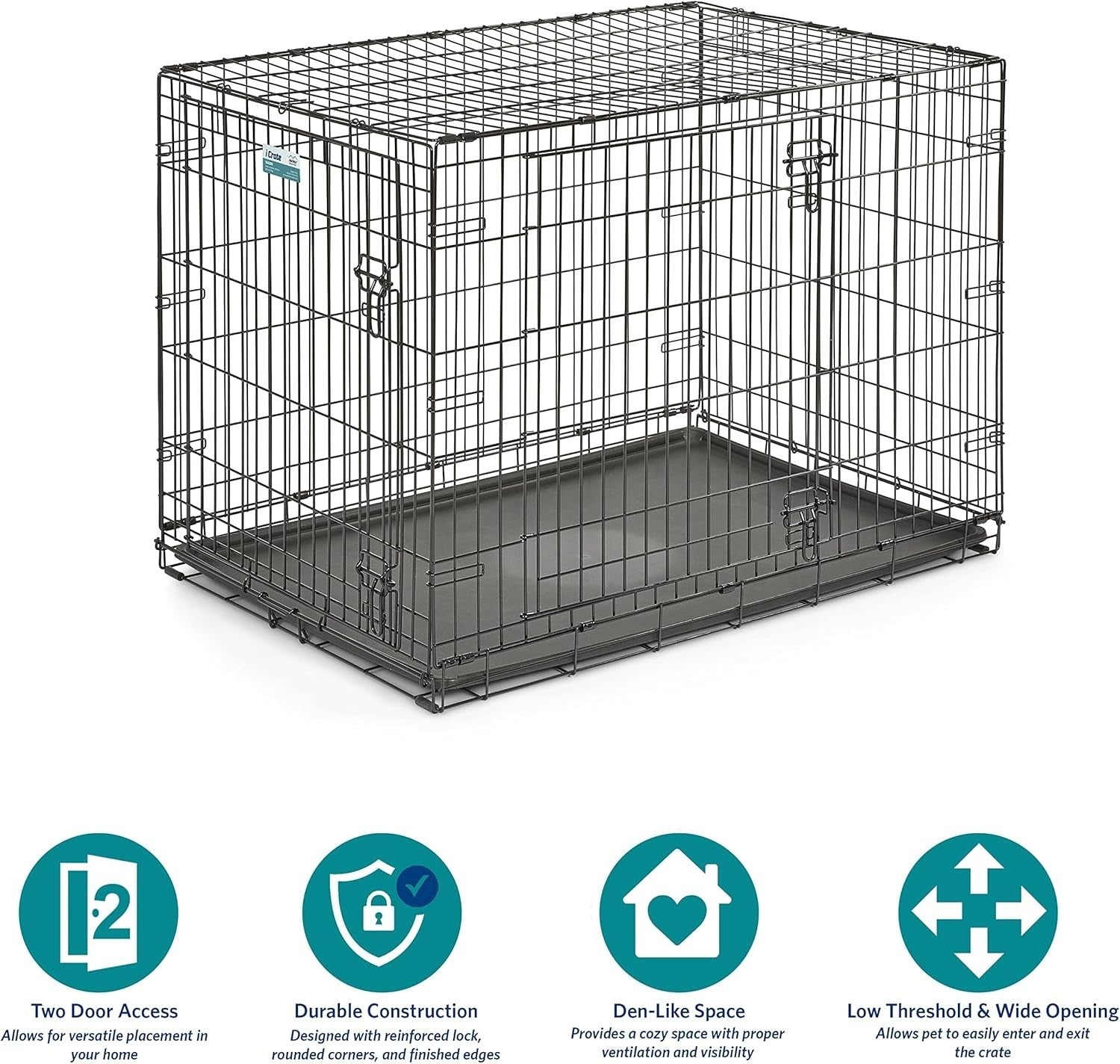 Double Door Large Metal Dog Crate with Leak-Proof Pan & Divider Panel