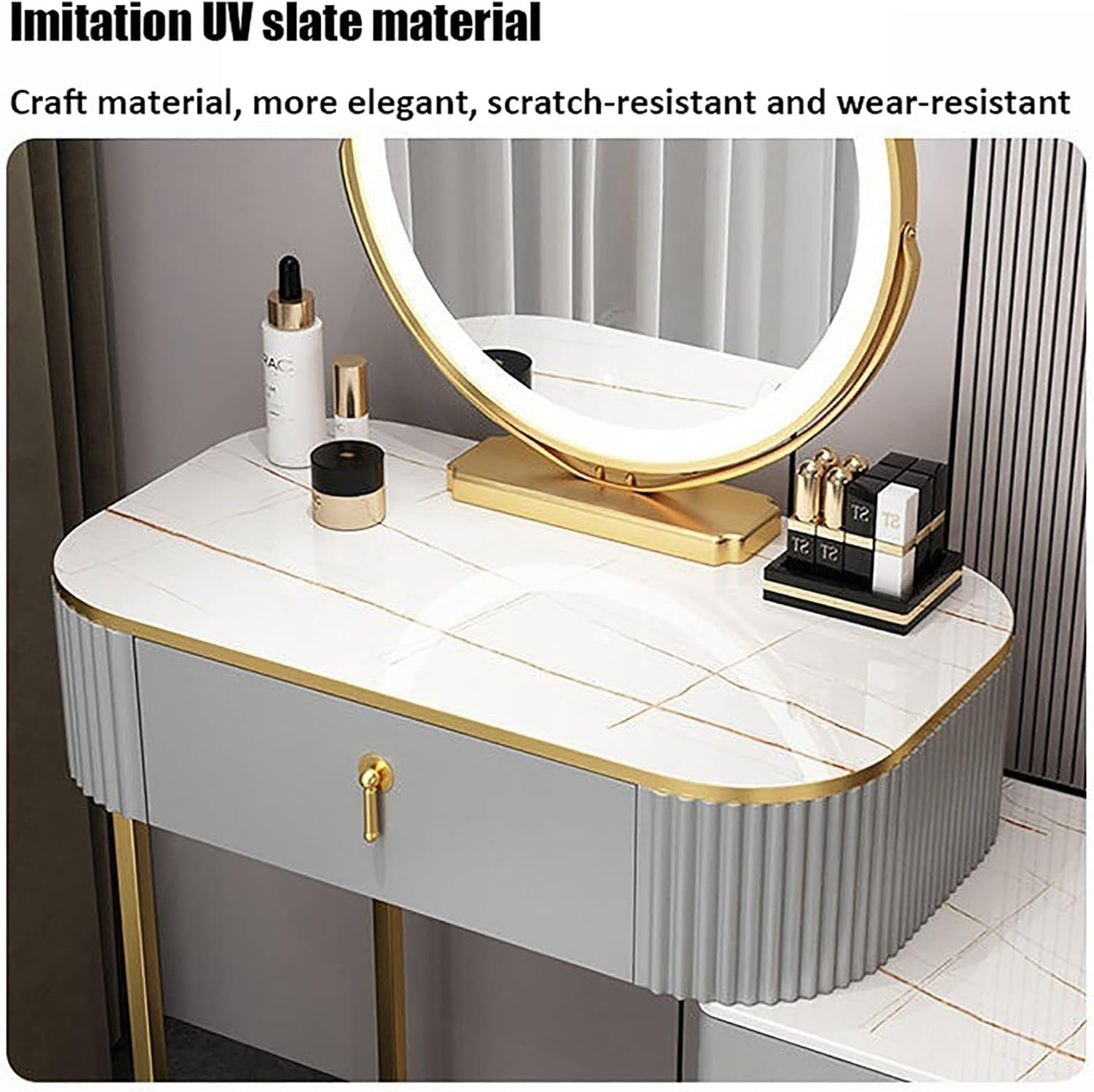 Modern Vanity Makeup Dressing Table Set LED Mirror Wireless Charger Grey/White