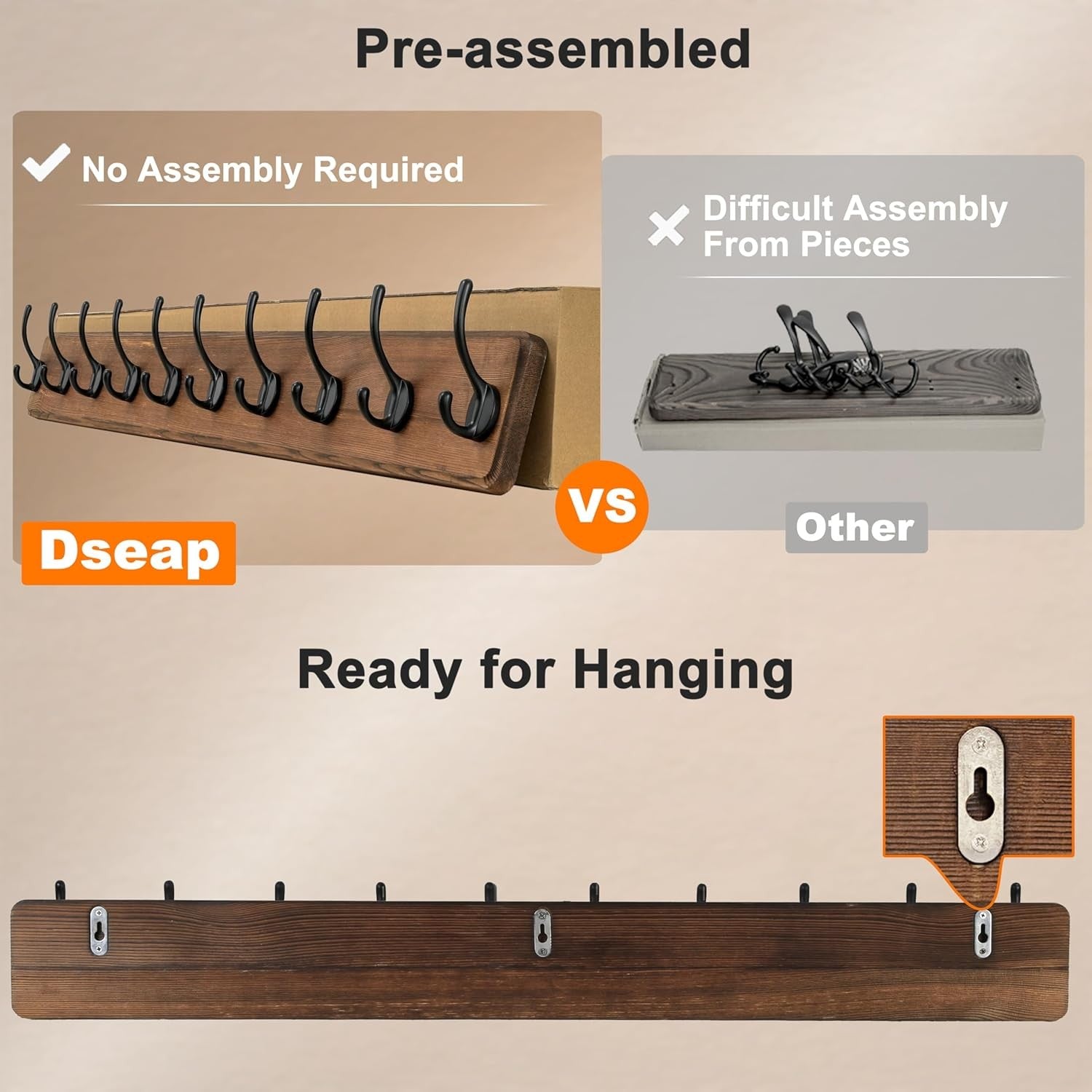 Wooden Wall Mounted Coat Rack 97cm 10 Double Hooks Rustic Blue Hanger