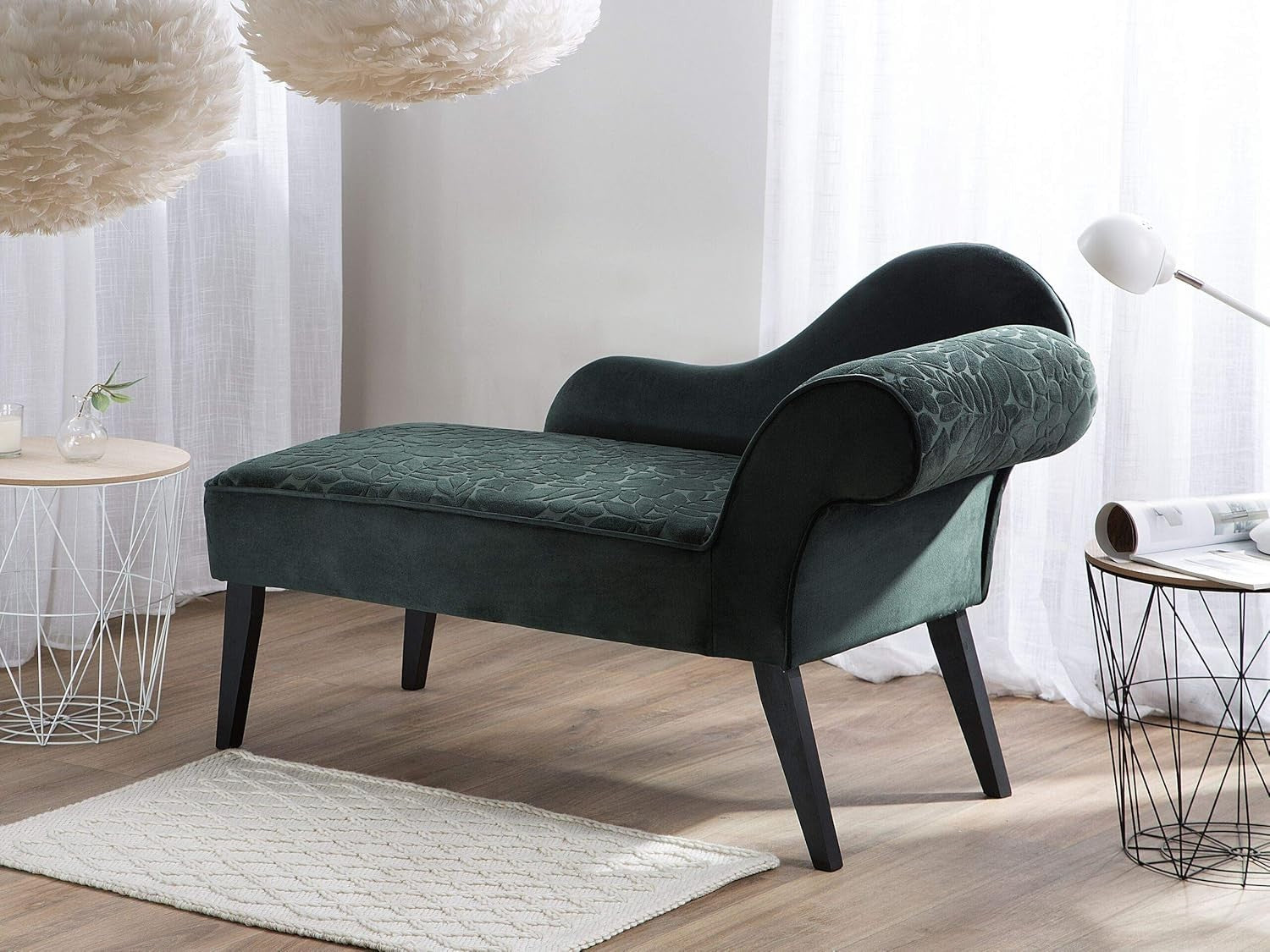 Vintage Green Floral Chaise Lounge Sofa Curved Back Velvet Seat Glam Look