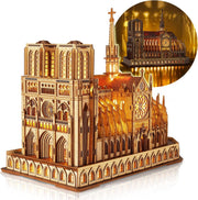 3D Wooden Cathedral Puzzle with LED – DIY Gothic Model Kit for Adults
