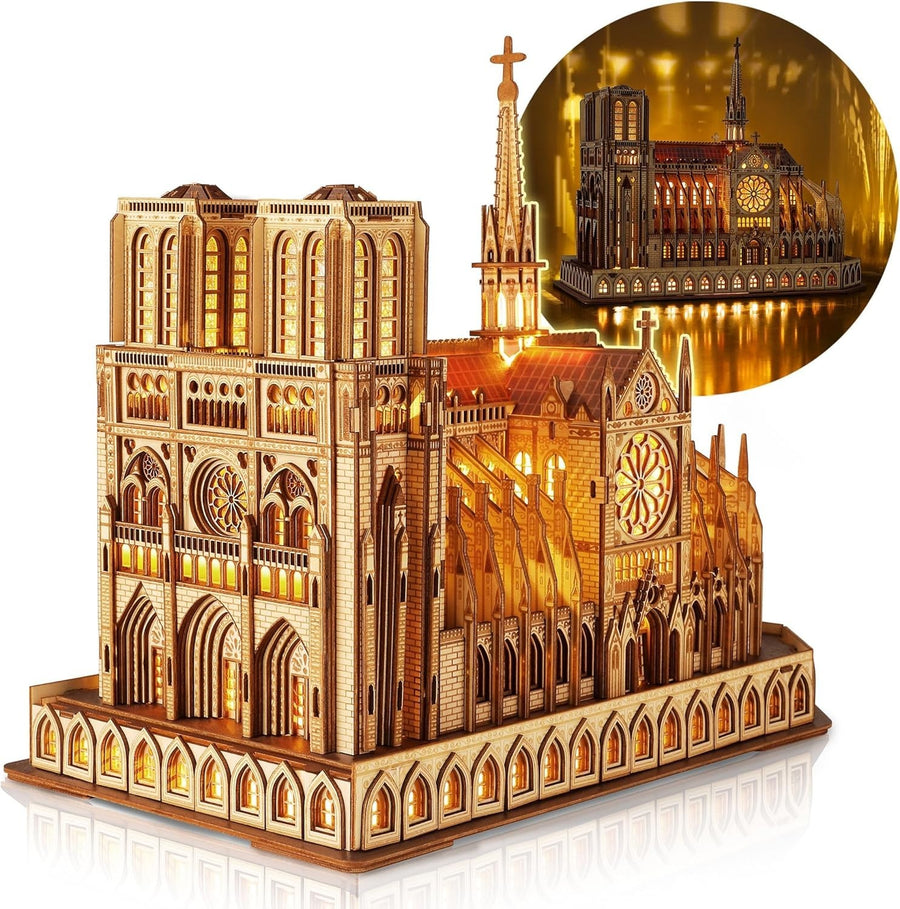 3D Wooden Cathedral Puzzle with LED – DIY Gothic Model Kit for Adults