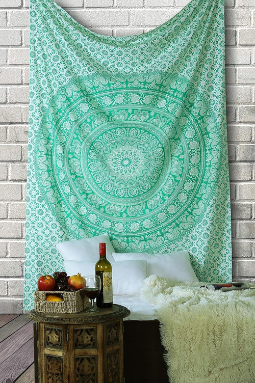 Green Elephant Mandala Cotton Wall Tapestry Boho Bedspread 60x50