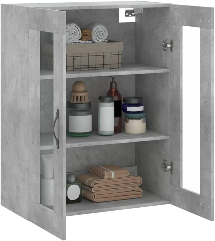Wall-Mounted Concrete Grey Storage Cabinet with 3 Doors & Metal Handles