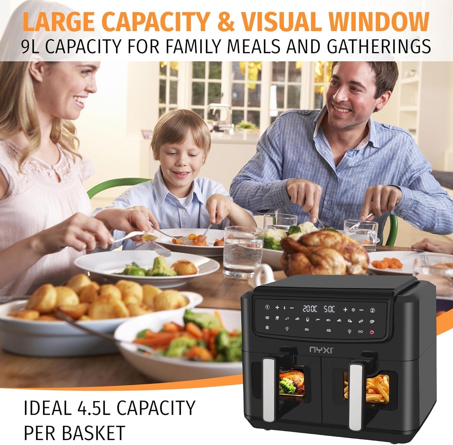 Dual Basket Air Fryer 9L 2600W Viewing Window 13 Modes Touch LED 40-200C