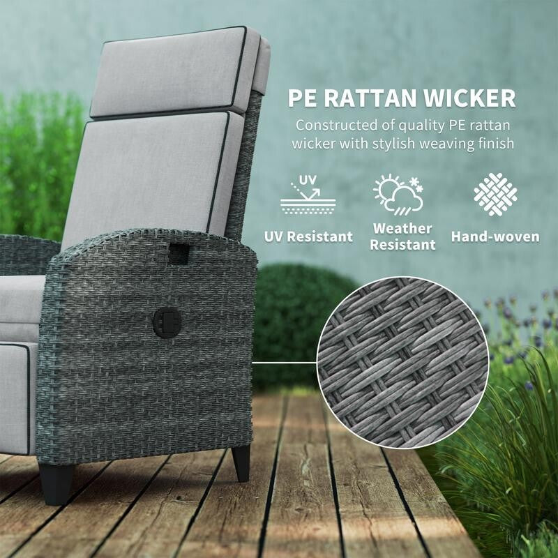 Rattan Recliner Garden Chair – Cushioned PE Wicker Seat w/ Footrest & Tray