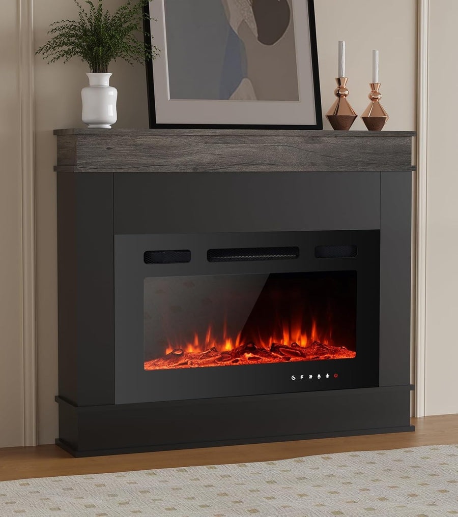 30” Electric Fireplace Heater 12 LED Flame Remote Modern Black Freestanding