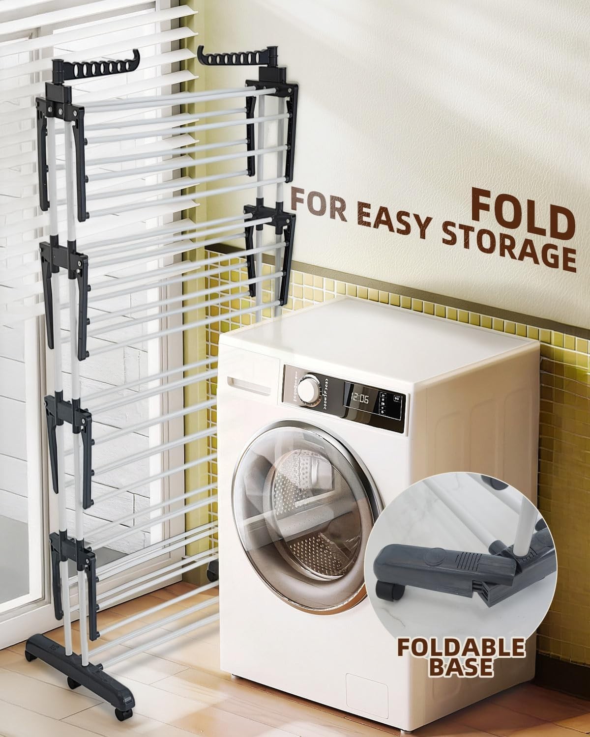 5-Tier Foldable Stainless Steel Clothes Drying Rack with Wheels – Grey