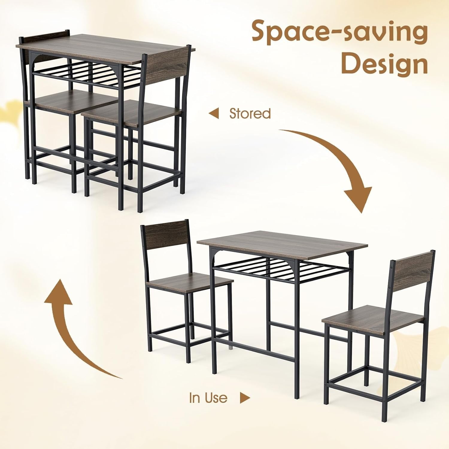Dining Table Set Grey Storage Rack & 2 Stools, Compact Space Saving Kitchen Set