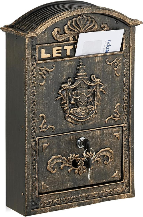 Vintage Wall Mounted Locking Mailbox Bronze Gold A4 Slot 2 Keys 42x28x10cm