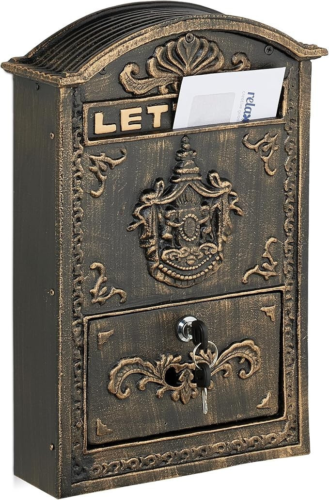 Vintage Wall Mounted Locking Mailbox Bronze Gold A4 Slot 2 Keys 42x28x10cm