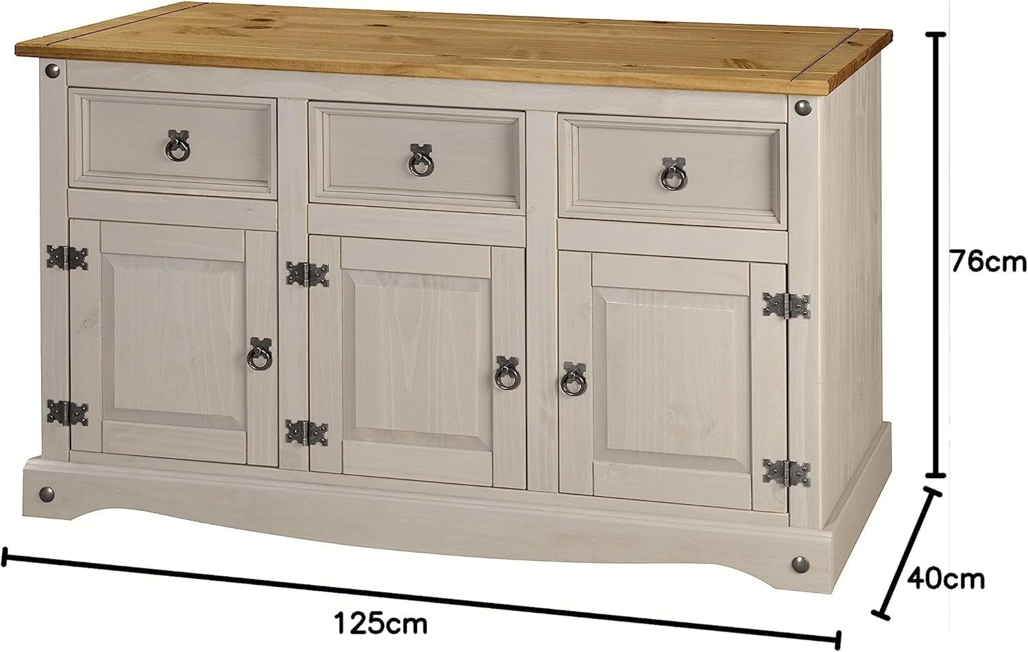 Grey Solid Pine Sideboard Cabinet 3 Door 3 Drawer Large Storage Unit