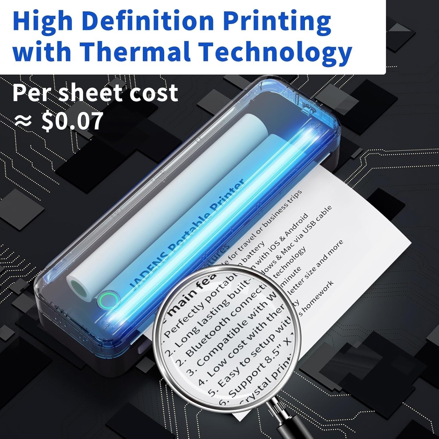 Black Bluetooth A4 Thermal Printer, Portable Inkless, Wireless