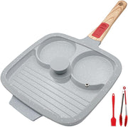 3-in-1 Divided Frying Pan Non-Stick Ceramic Multi-Section Egg Pan Lid Blue 26cm