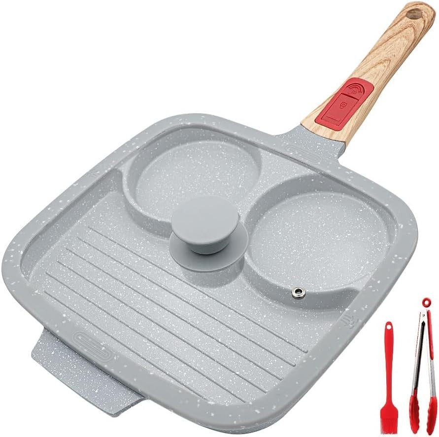 3-in-1 Divided Frying Pan Non-Stick Ceramic Multi-Section Egg Pan Lid Blue 26cm