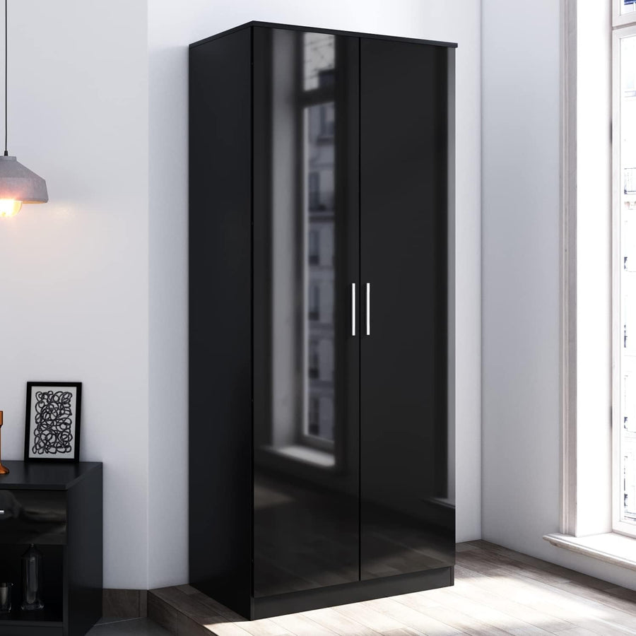 High Gloss 2 Door Wardrobe with Hanging Rail Removable Shelves Bedroom Storage