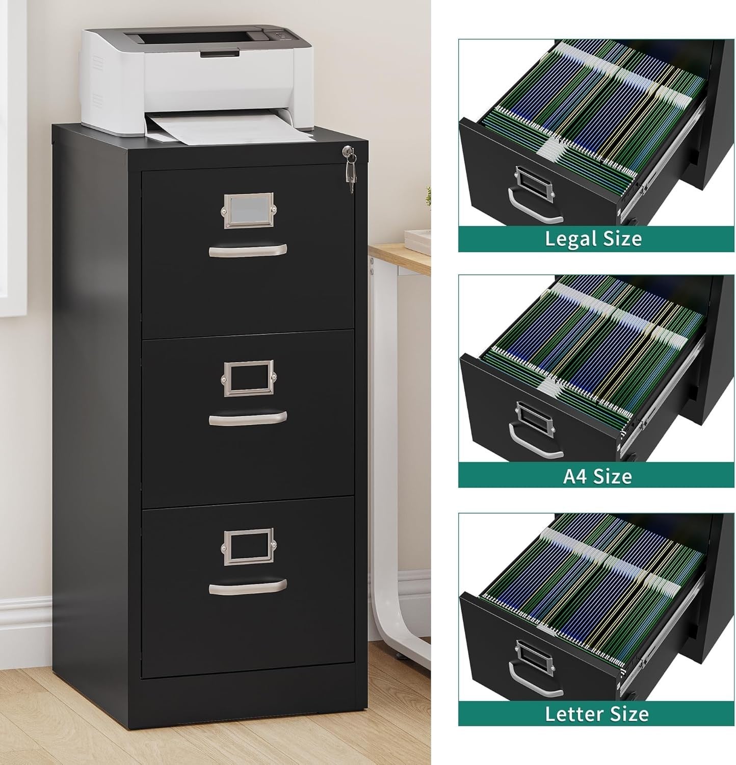 Black 3 Drawer Locking Steel Filing Cabinet Vertical A4 Legal Home Office Safe