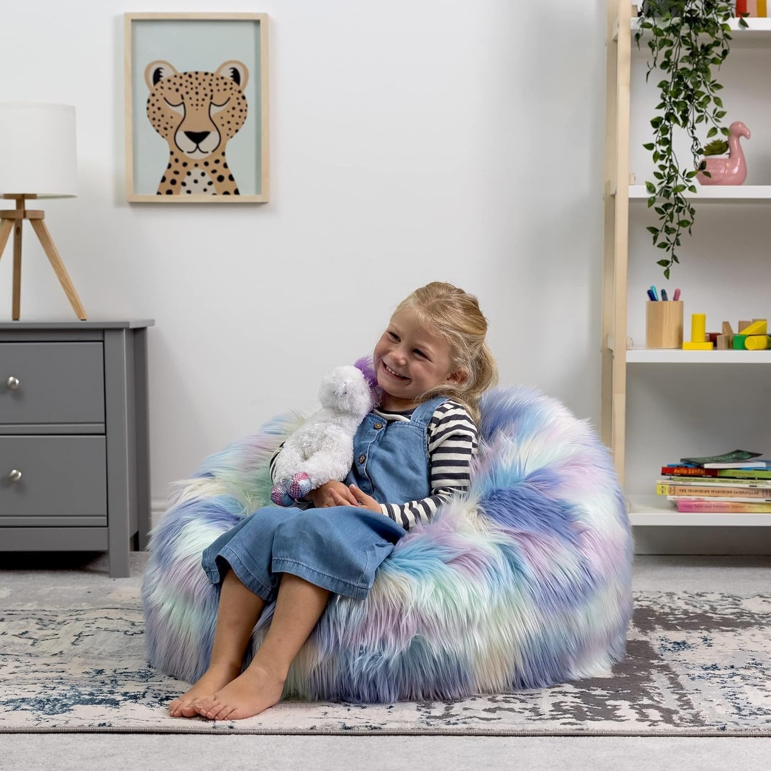 Unicorn Kids Bean Bag Chair Faux Fur Pastel Seat for Bedroom & Playroom