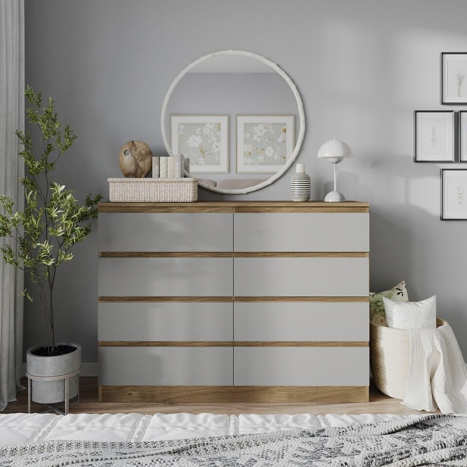 Modern Oak Grey 8 Drawer Chest Storage Cabinet Dresser for Bedroom