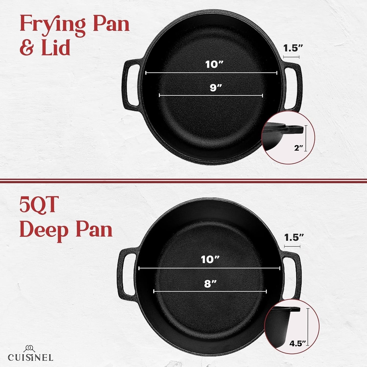 Cast Iron Dutch Oven 5Qt Combo Cooker 2 in 1 Skillet Lid 10in