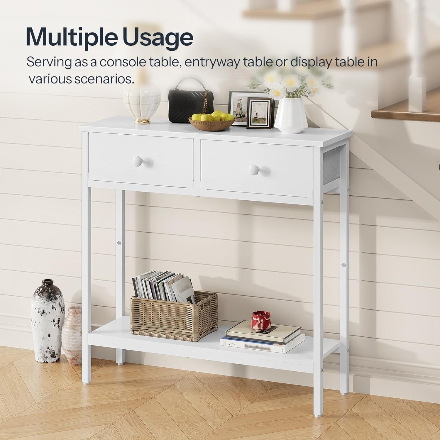 White Slim Console Table with Drawers & Shelf, Narrow Entryway Storage