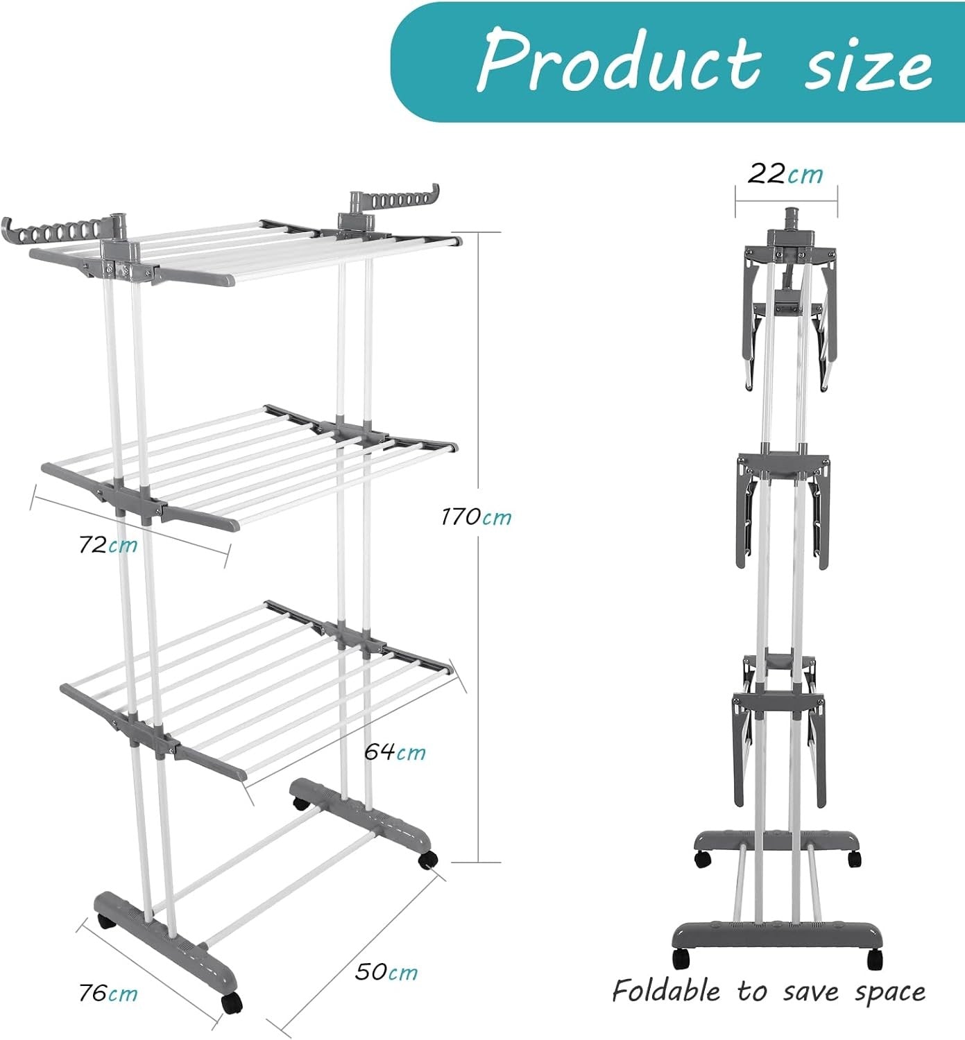 4 Tier Clothes Airer Folding Laundry Drying Rack with Wheels Space Saving