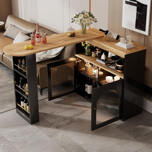 Black Kitchen Island with LED Light, Swivel Dining Table & Storage 193CM