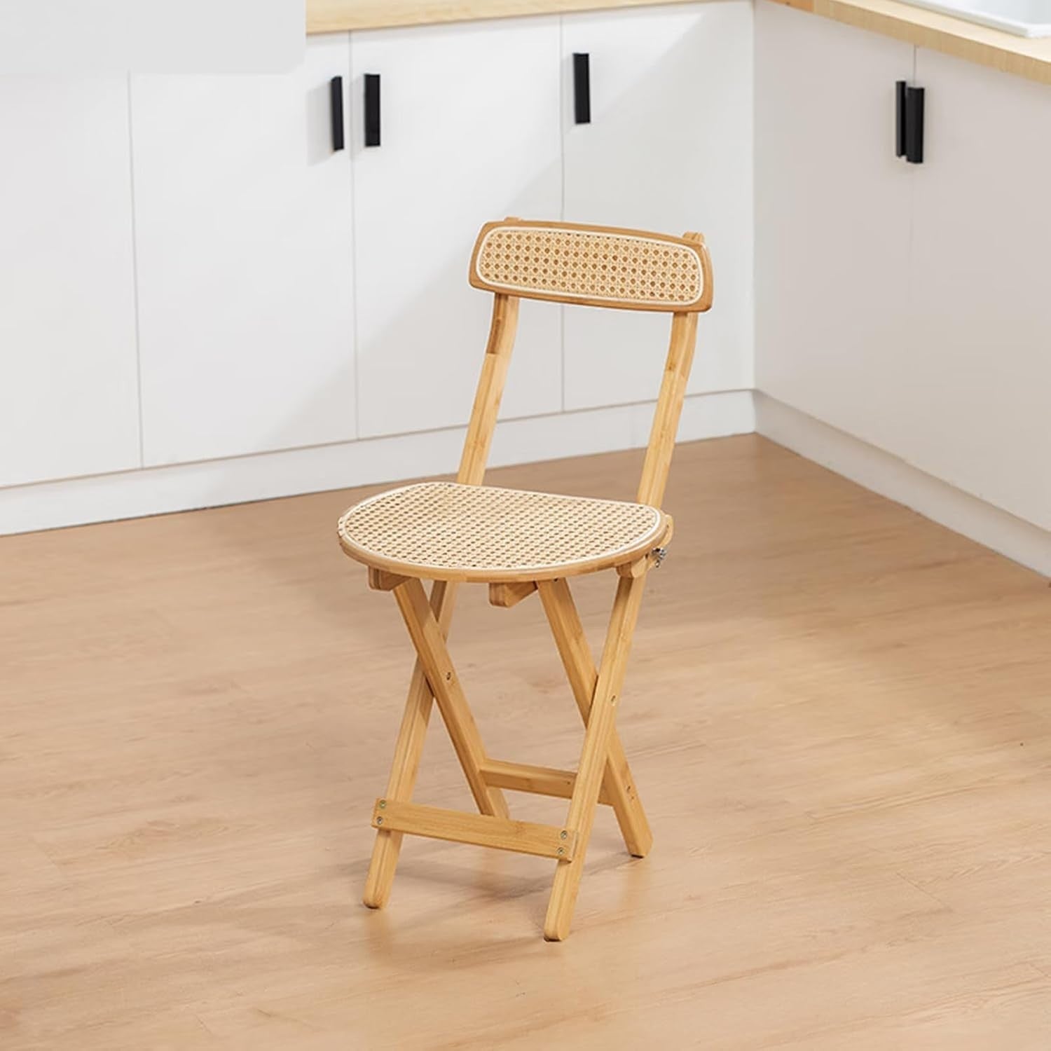 Folding Wooden Rattan Dining Chair Compact Breakfast Stool with Backrest