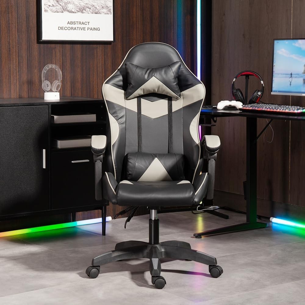Ergonomic Grey Gaming Chair Swivel Faux Leather Adjustable Lumbar Office