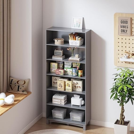 5/6 Tier Wooden Bookcase Storage Shelving Unit with Multiple Shelves, Grey