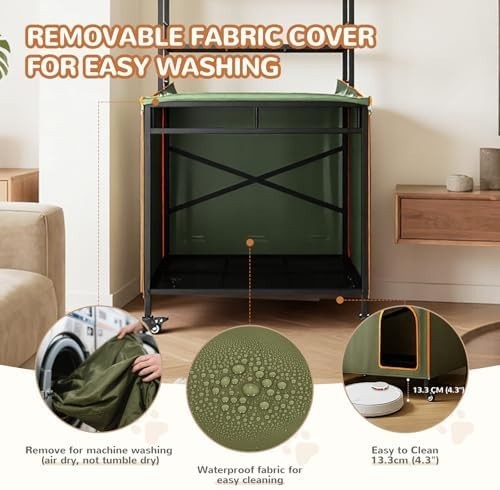 Hidden Cat Litter Box Cabinet with Wheels & Storage, Waterproof Green Enclosure