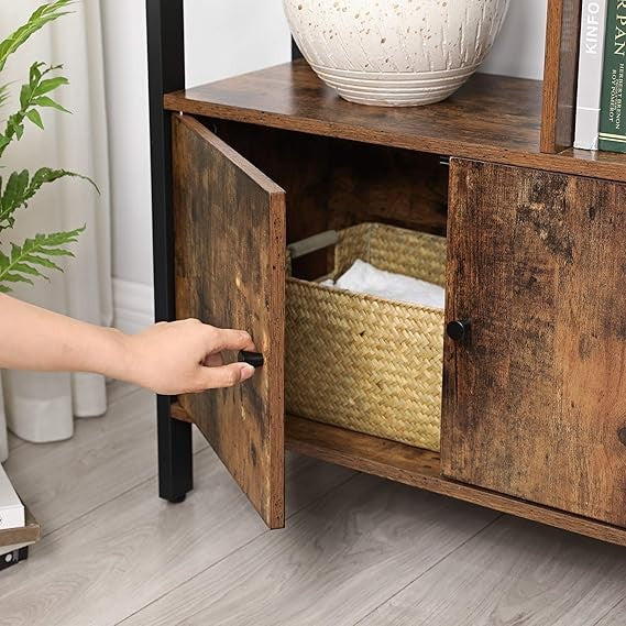 4-Shelf Industrial Bookshelf Rustic Brown Metal Wood Storage Unit with Cabinet