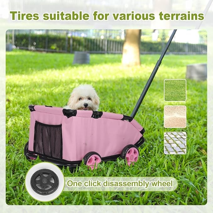 Foldable Pet Wagon with Pull Handle Mini Dog Travel Cart Wheels Pink