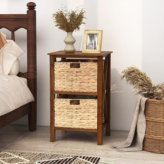 Rustic Bedside Table with Seagrass Baskets | Slim Wooden Nightstand 2-Tier