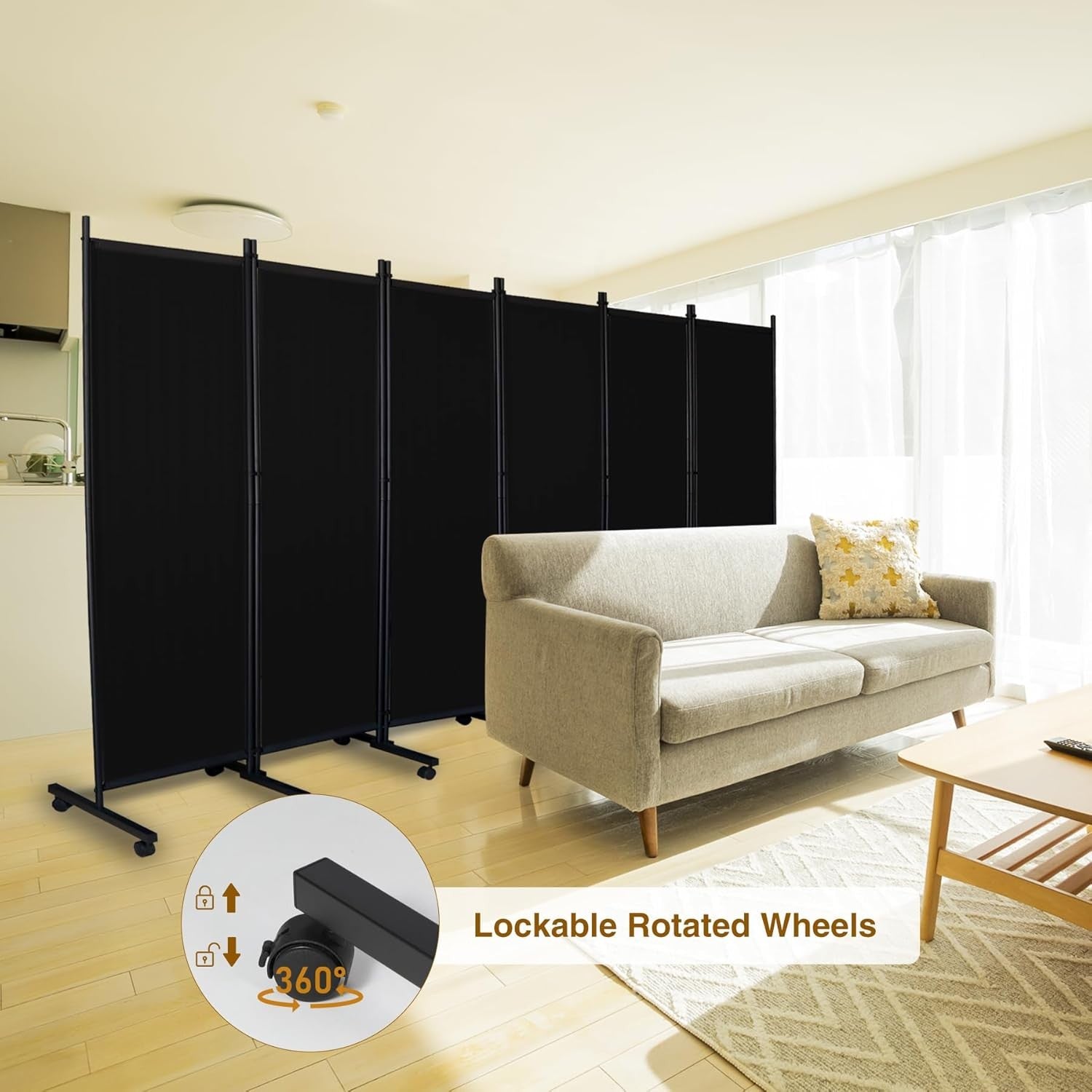 6 Panel Black Folding Room Divider on Wheels Privacy Screen 290x180cm
